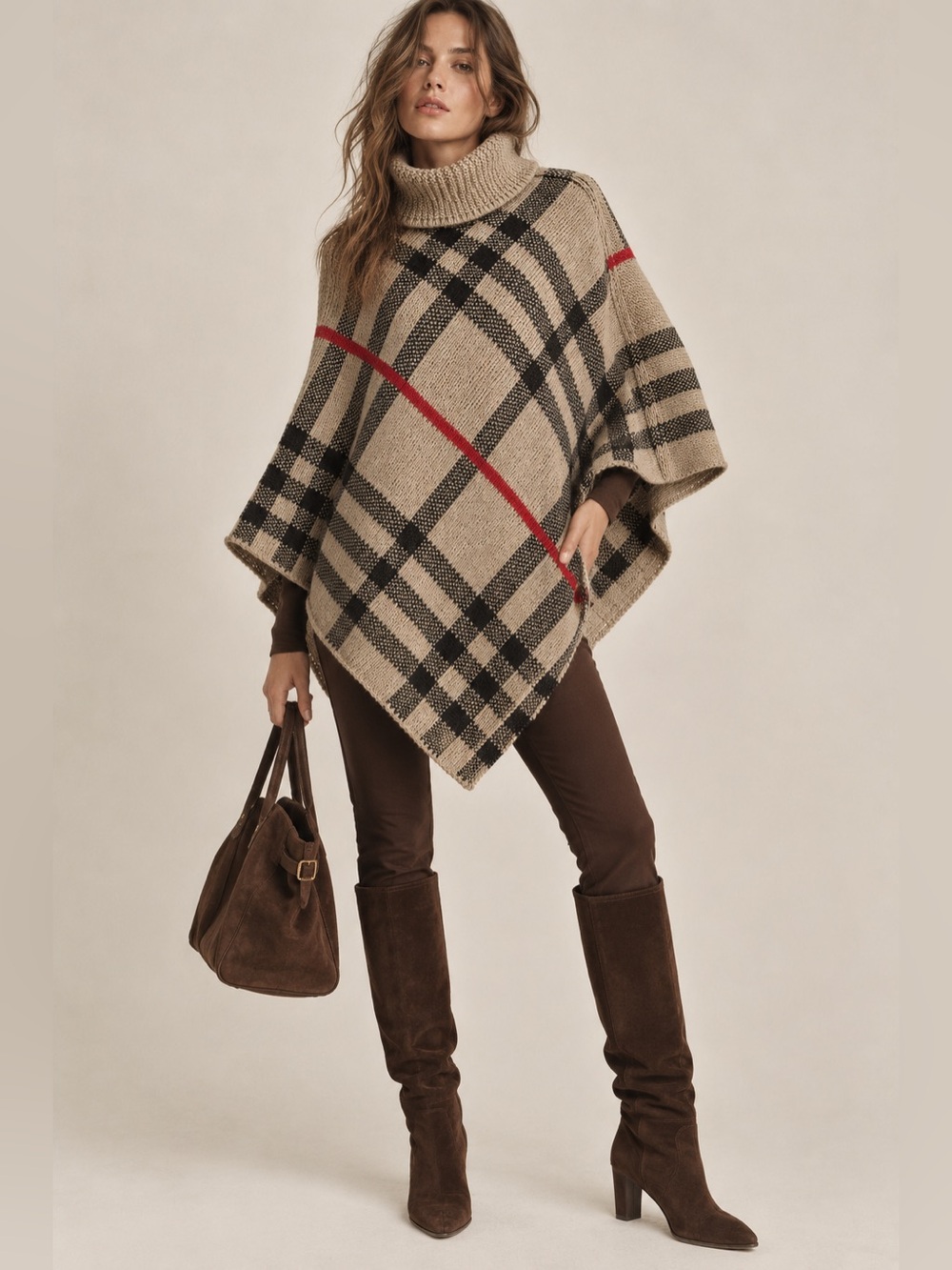 Made in Italy Wool Blend Plaid Turtleneck Poncho Cape One Size